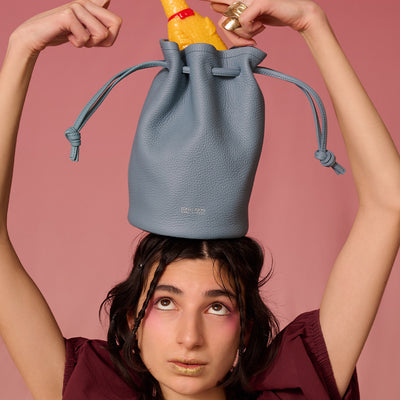 <LEZALI> Embossed Leather Drawstring Mini Bag / Sky