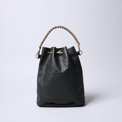 <SENTI FLATTER THE SENSES> Super Lightweight Dyneema Leather Drawstring 2 Way Bag / Black x Camel